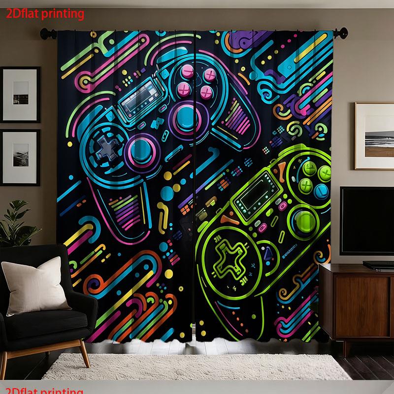 Background Retro Gaming - 2pcs Gaming Curtains Neon Retro Arcade